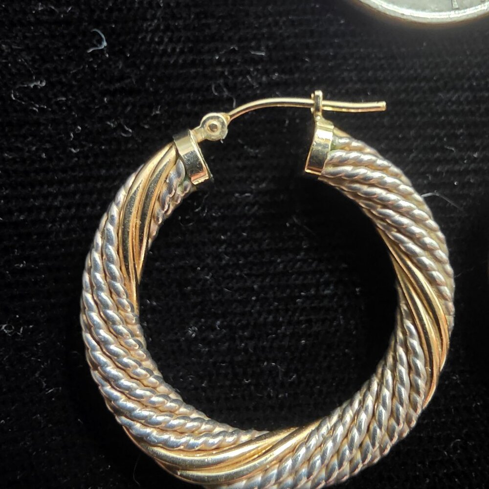 Solid 14K Gold And Sterling Silver Twisted Hoop Earrings (A137) - Picture 2 of 3